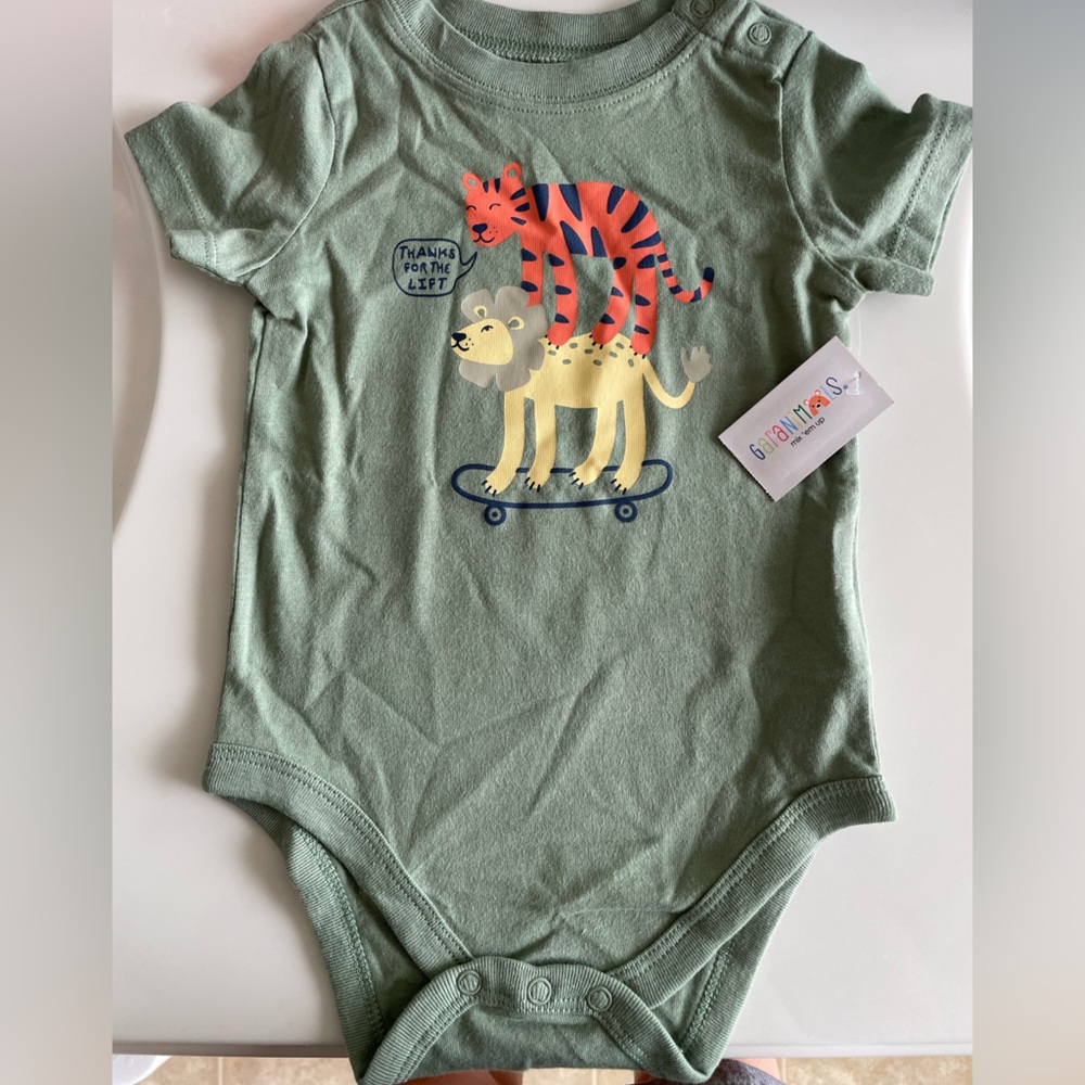 Green Baby Onesie with Tiger and Bear Print